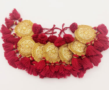 Set of 2 Embroidered Tassels, Maroon Red and Gold Tassels, Indian Tassels